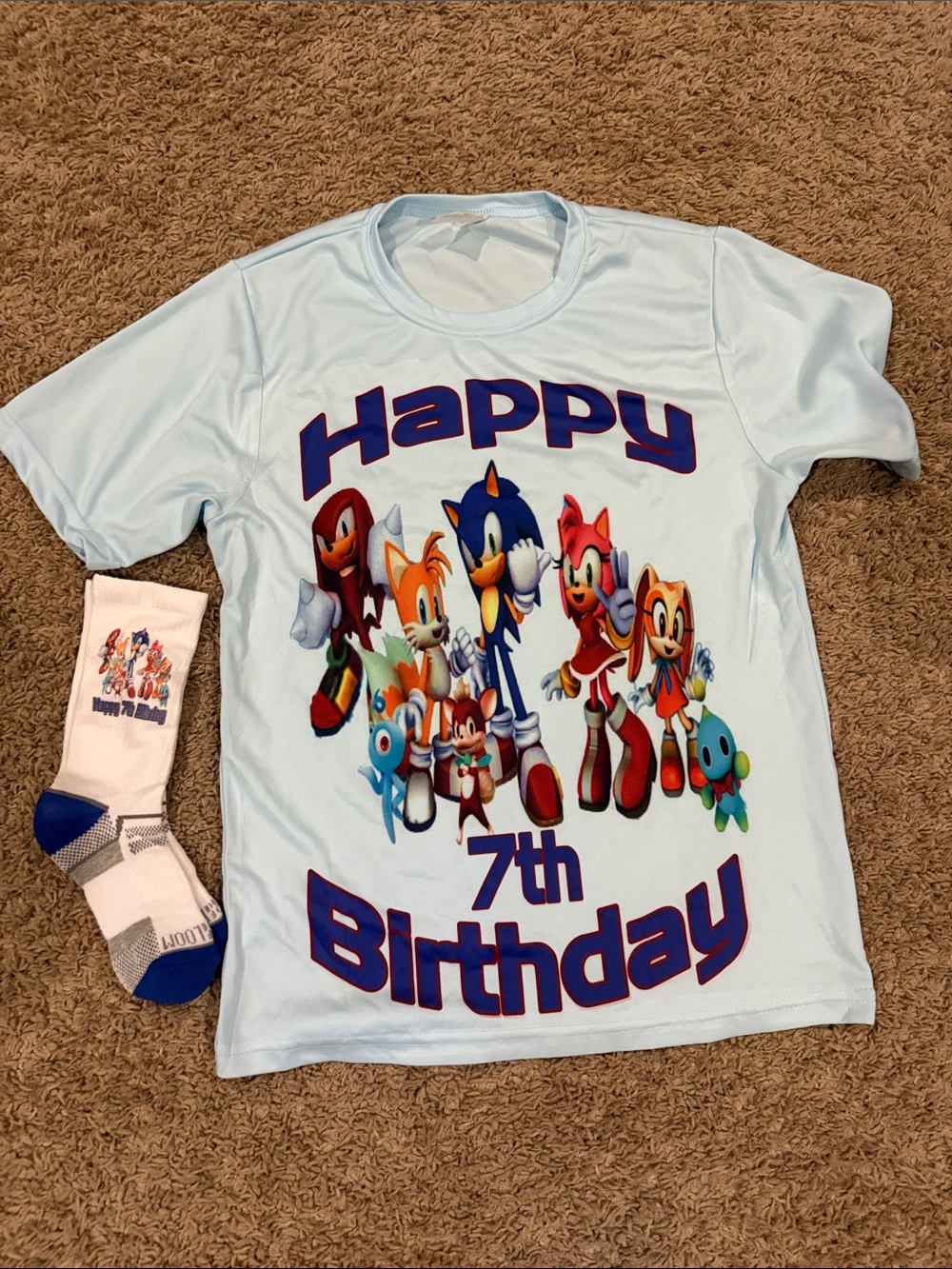 New Sonic Themed "Happy 7th Birthday" Light Blue Tee & Matching Socks